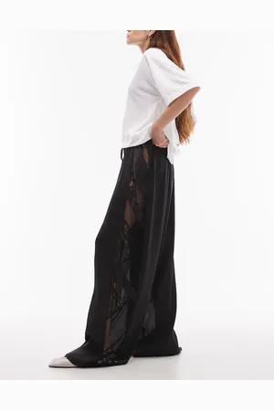 Topshop Patchwork lace & crinkle satin wide leg pants in