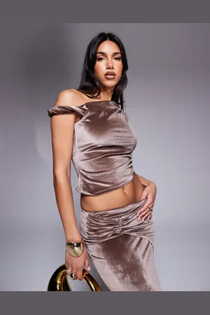 ASOS Velvet twist off shoulder top with trim in mink - part of a set