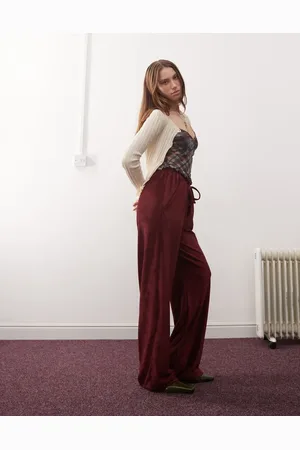 Reclaimed Wide leg ribbed pants in burgundy