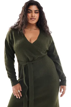 Yours Exclusive v-neck wrap knit midi dress in khaki