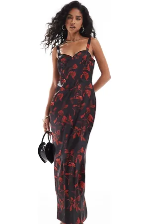 The Frolic Exclusive satin corset detail bodycon maxi dress in black rose print