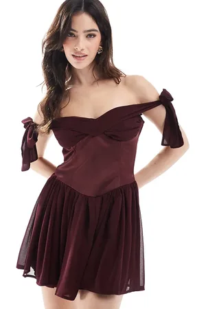 The Frolic Exclusive bardot tie sleeve corset mini dress in burgundy