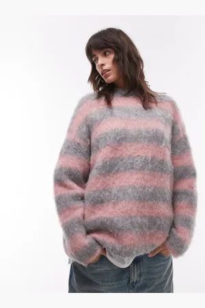 Topshop Knitted ultra fluffy stripe relaxed sweater in and gray