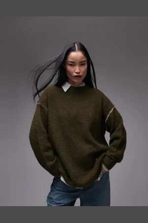 Topshop Knitted exposed contrast seam oversized sweater in khaki