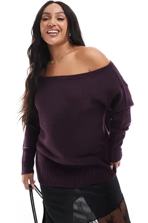 Yours Off shoulder bardot sweater in burgundy