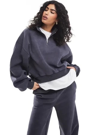 ASOS High neck zip up sweatshirt with balloon sleeve in washed - part of a set