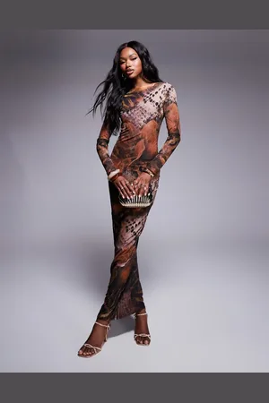 Murci Mesh long sleeve maxi dress in brown snake print