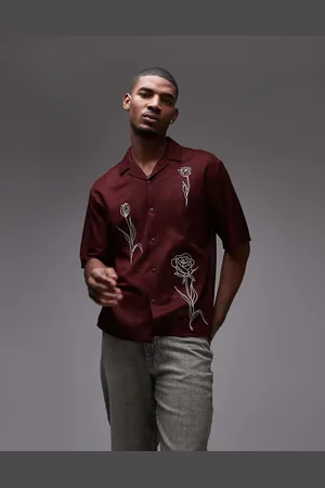 Topman Floral embroidery shirt in burgundy