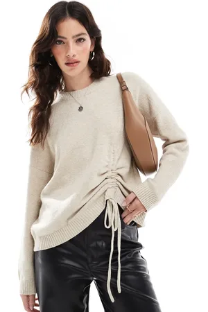 French Connection Crew neck sweater with ruched tie front in oatmeal