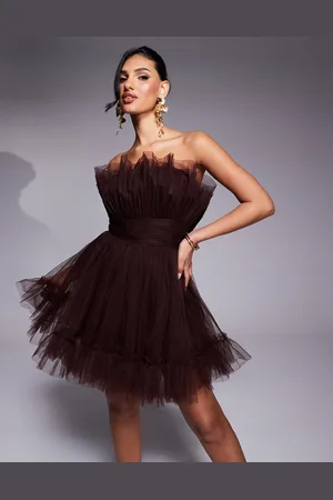 Lace & Beads Bandeau structured tulle mini dress in chocolate