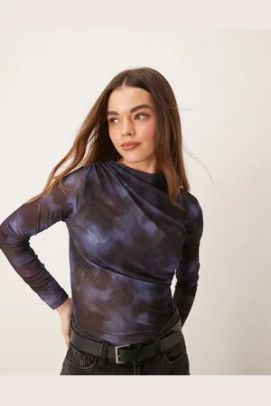 JDY Ruched mesh top in abstract print