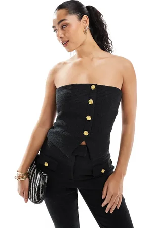 The Frolic Exclusive tailored boucle bandeau split front gold flower button detail top in - part of a set