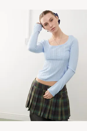 COLLUSION Knit scoop neck long sleeve top in light blue