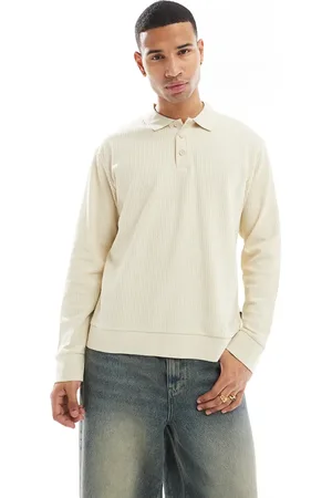 JACK & JONES Knit long sleeve textured polo in ecru