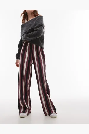 Topshop Stripe plisse wide leg pants in burgundy