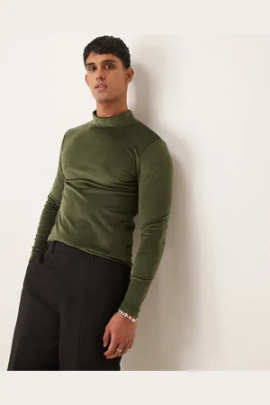 ASOS Muscle fit long sleeve T-shirt with high neck in khaki velour