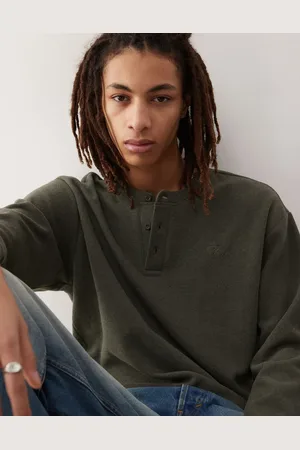 Reclaimed Supersoft rib henley top with embroidery in khaki
