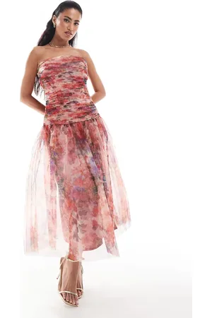 Lace & Beads Drop hem tulle midaxi dress in red and cobalt floral