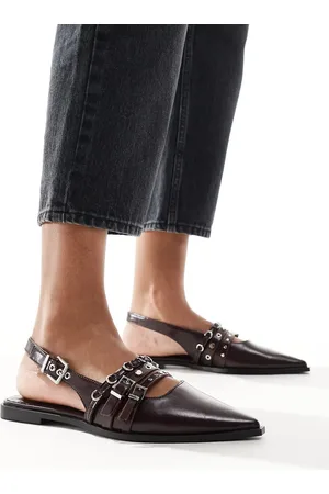 Stradivarius Buckle detail flat slingback shoes in burgundy
