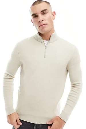Only & Sons Ribbed half zip sweater in stone