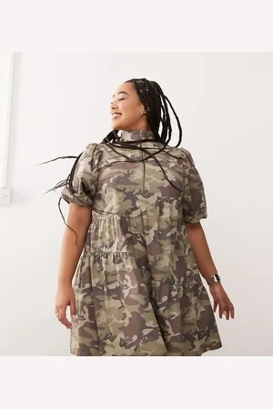 COLLUSION Plus cotton zip mini smock dress in camo print