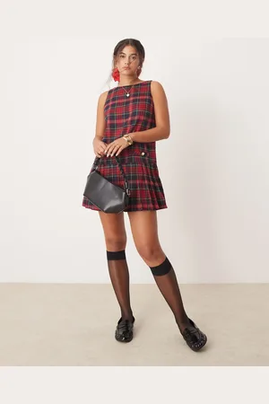 Neon Rose Tartan pinafore dress in burgundy