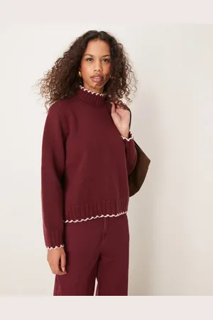 ASOS Blanket stitch high neck sweater in burgundy