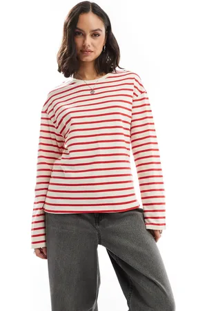 ONLY Long sleeve stripe t-shirt in cream & red stripe
