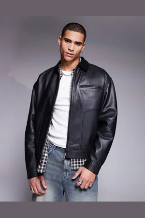 ASOS Premium real leather harrington jacket with suede collar in