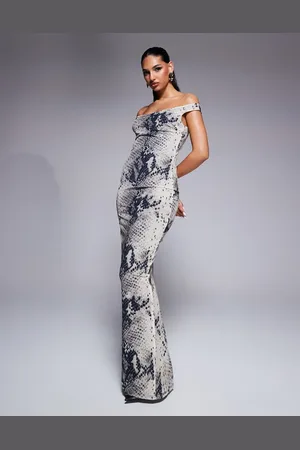 Murci Off-shoulder bodycon maxi dress in gray snake print