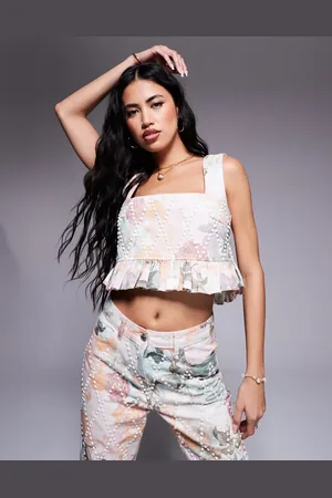 ASOS Pearl embellished peplum printed denim top in floral print - part of a set