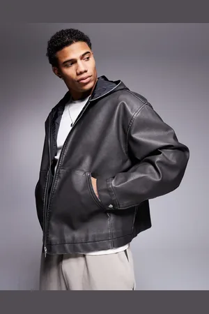 ASOS Oversized faux leather jacket with hood in washed