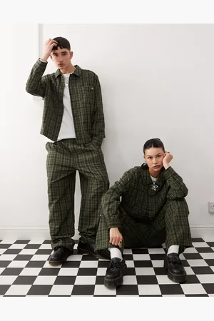 Reclaimed Unisex wide leg pants with white stripe in green plaid