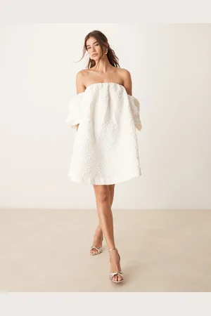 Y.A.S Off the shoulder puff sleeve structured jacquard mini dress in gardenia