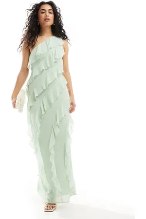 TFNC Bridesmaids chiffon one shoulder maxi dress with frills in fresh mint