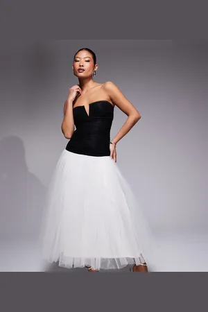 Lace & Beads Drop hem contrast tulle maxi dress in and ivory