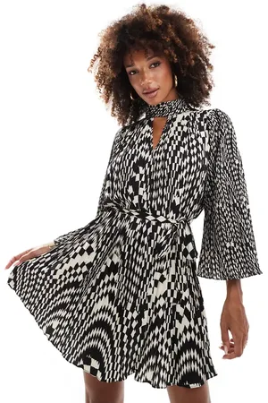 French Connection Fern high neck pleated mini dress with tie waist in mono print