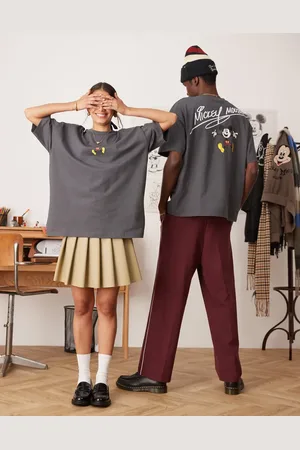 ASOS Disney unisex oversized t-shirt with Mickey Mouse prints and embroidery in charcoal