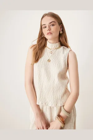Y.A.S Shimmer crinkle high neck sleeveless top in sandshell - part of a set