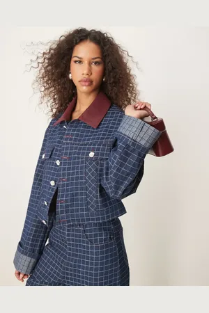 Ghospell Contrast PU collar denim jacket in check - part of a set