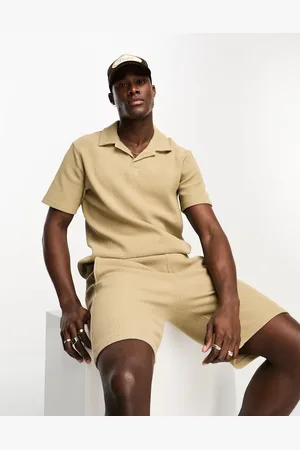 Only & Sons Ribbed oversized polo set in beige
