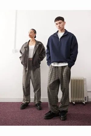 Reclaimed Unisex pull on pants in gray and blue check