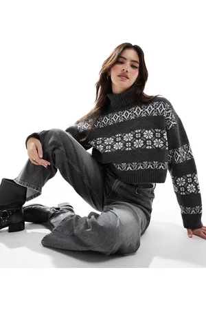ASOS Cropped roll neck sweater with fairisle stripe in gray and white