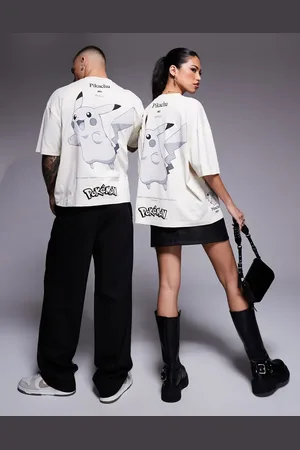 ASOS Unisex boxy oversized Pokemon t-shirt with Pokemon Pikachu prints and embroidery in beige