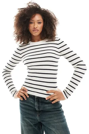 ONLY Long sleeve crew neck knit top in beige with navy stripes