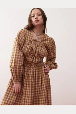 Reclaimed Maxi smock dress with tie front detail in yellow and pink plaid