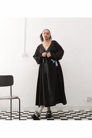 COLLUSION Plus oversized wrap maxi smock dress with contrast gingham ties in