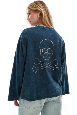 SCALPERS Marble Long Sleeve Skull Tee In Duck