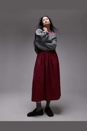 Topshop Crinkle cotton laundered full skirt in burgundy