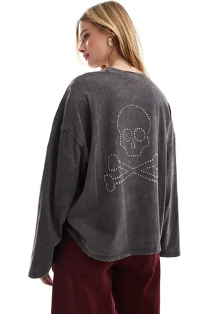 SCALPERS Marble Long Sleeve Skull Tee In Dark